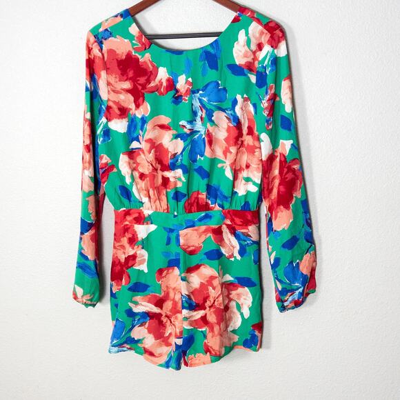 NEW Lulus Women’s Romper Dopamine Floral Travelwear Green Print Open Back Sz L - Picture 2 of 12